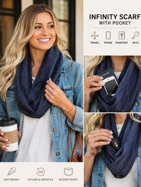 SHOLDIT Infinity Lightweight Scarf with Hidden Pocket Travel Scarf Navy Sparkle